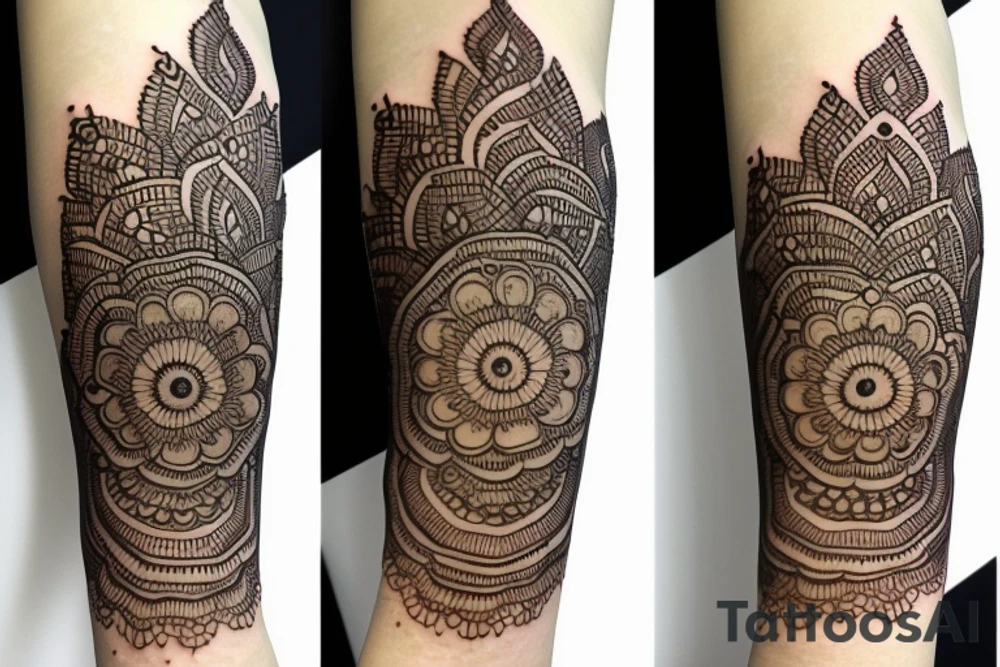 Henna flower that wraps around arm with baby Buddha tattoo idea
