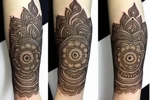 Henna flower that wraps around arm with baby Buddha tattoo idea