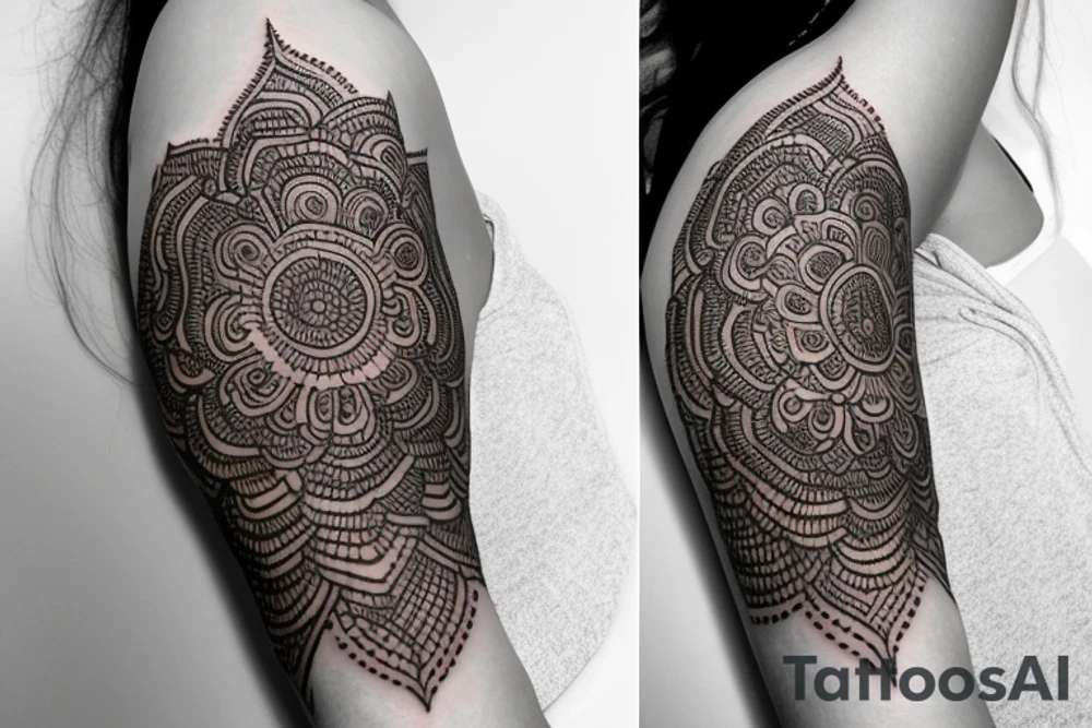 Henna flower that wraps around arm with baby Buddha tattoo idea