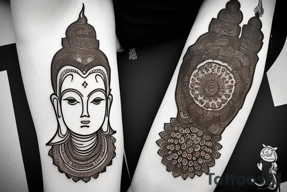 Henna Buddha that wraps around arm with black band through the middle tattoo idea