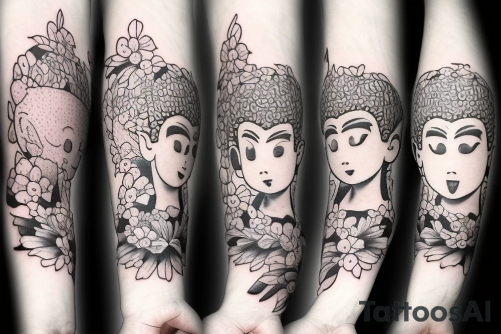 Forearm Soft edges baby Buddhist monk surrounded by flowers tattoo idea