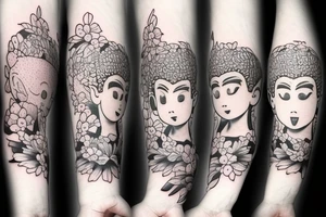 Forearm Soft edges baby Buddhist monk surrounded by flowers tattoo idea