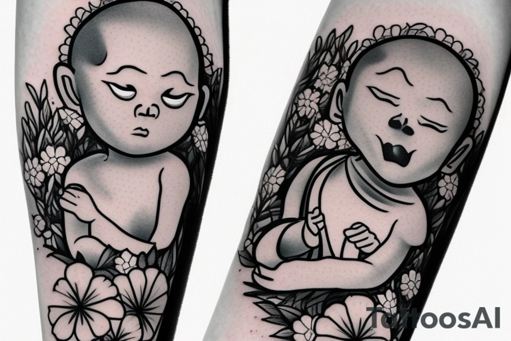 Forearm Soft edges baby Buddhist monk surrounded by flowers tattoo idea
