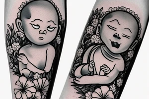 Forearm Soft edges baby Buddhist monk surrounded by flowers tattoo idea