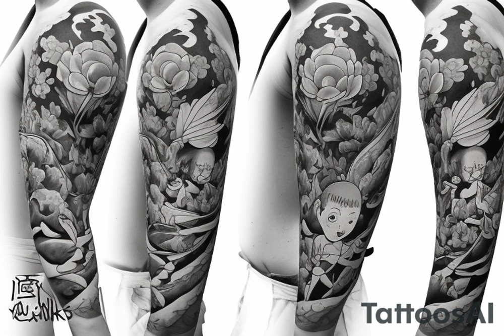 Forearm Soft edges baby Buddhist monk surrounded by flowers tattoo idea