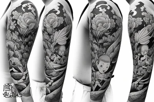 Forearm Soft edges baby Buddhist monk surrounded by flowers tattoo idea
