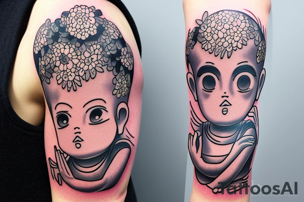 Forearm Soft edges baby Buddhist monk surrounded by flowers tattoo idea
