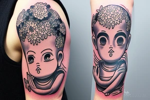 Forearm Soft edges baby Buddhist monk surrounded by flowers tattoo idea