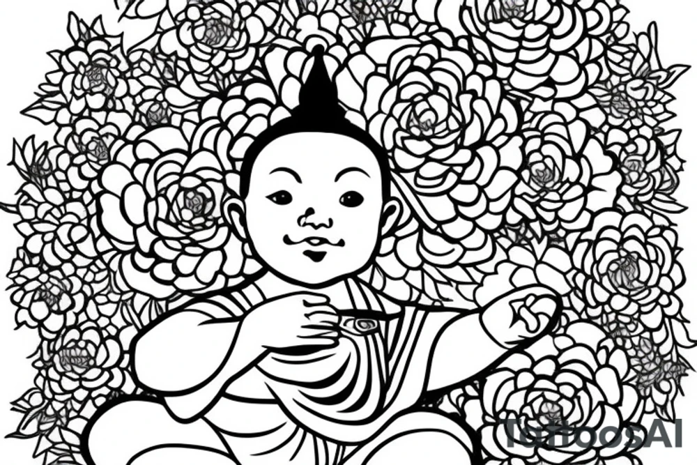Baby Buddhist monk surrounded by flowers tattoo idea