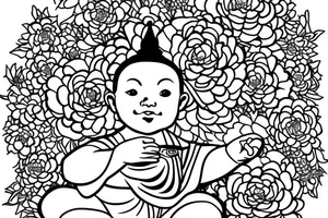 Baby Buddhist monk surrounded by flowers tattoo idea