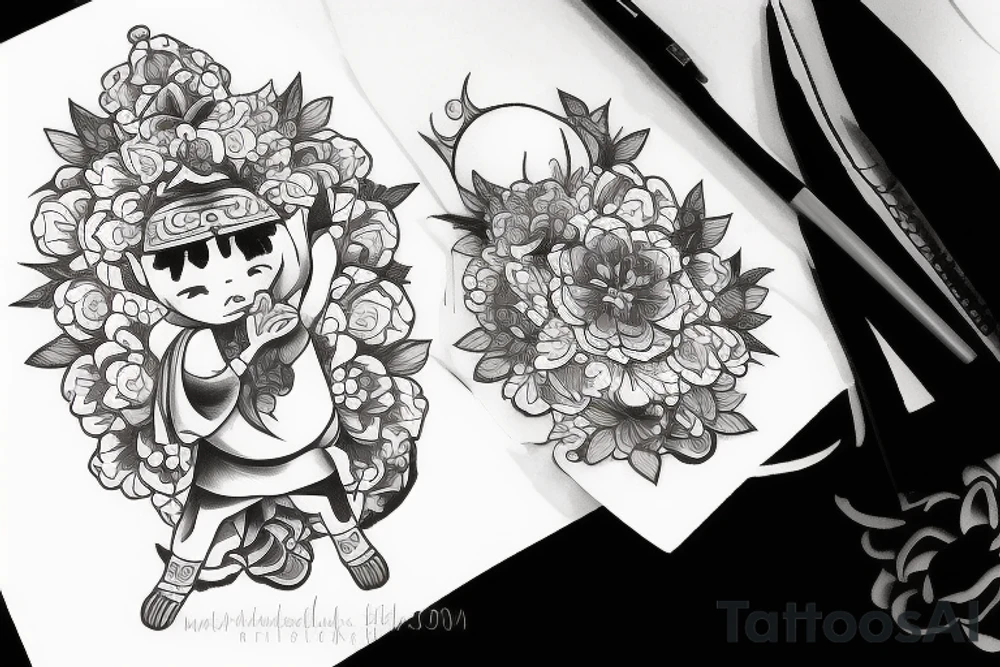 Baby Buddhist monk surrounded by flowers tattoo idea