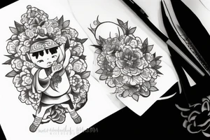 Baby Buddhist monk surrounded by flowers tattoo idea