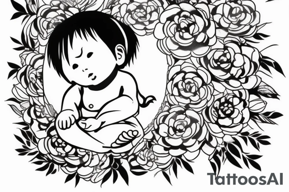 Baby Buddhist monk surrounded by flowers tattoo idea