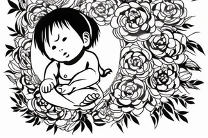 Baby Buddhist monk surrounded by flowers tattoo idea