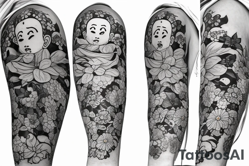 Baby Buddhist monk surrounded by flowers wrapped around forearm tattoo idea