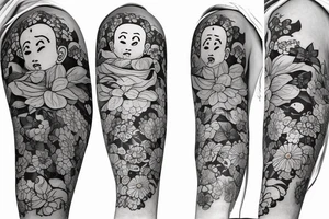 Baby Buddhist monk surrounded by flowers wrapped around forearm tattoo idea