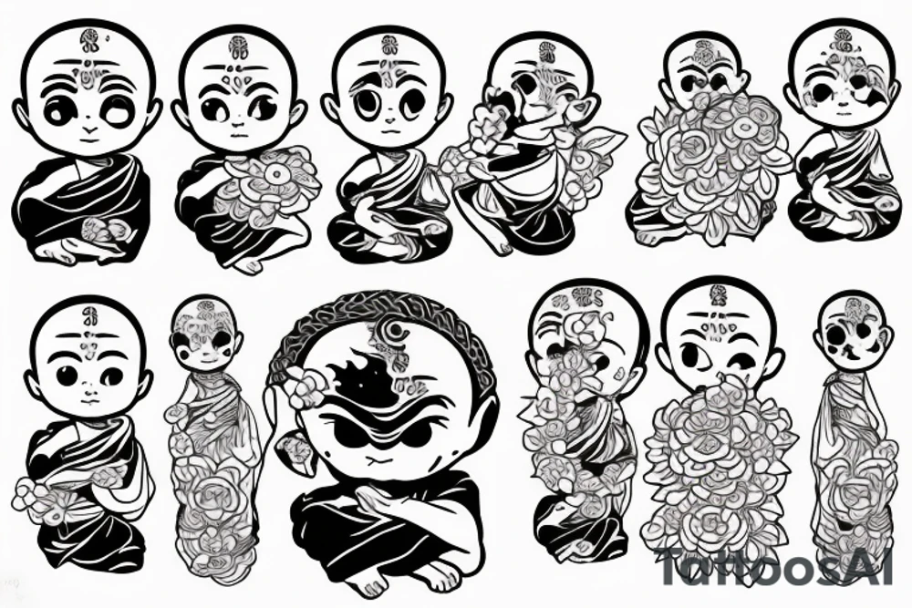 Baby Buddhist monk surrounded by flowers wrapped around forearm tattoo idea