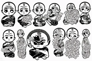 Baby Buddhist monk surrounded by flowers wrapped around forearm tattoo idea