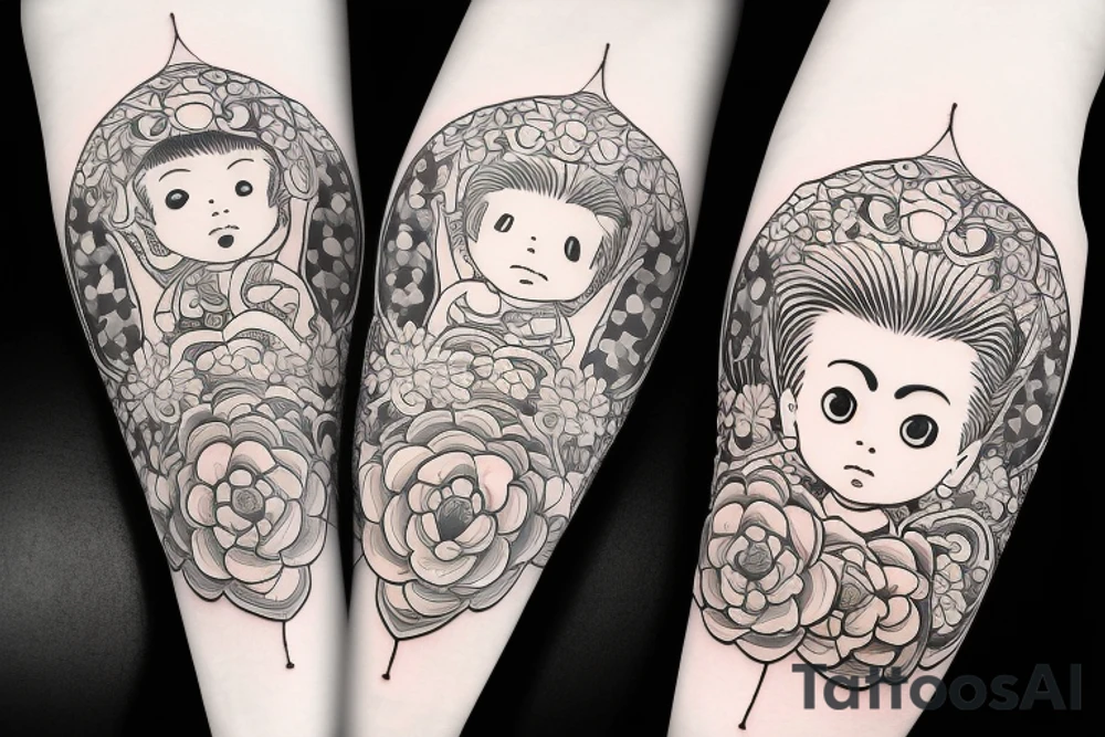 Baby Buddhist monk surrounded by flowers wrapped around forearm tattoo idea