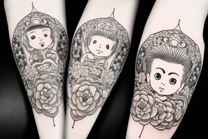Baby Buddhist monk surrounded by flowers wrapped around forearm tattoo idea