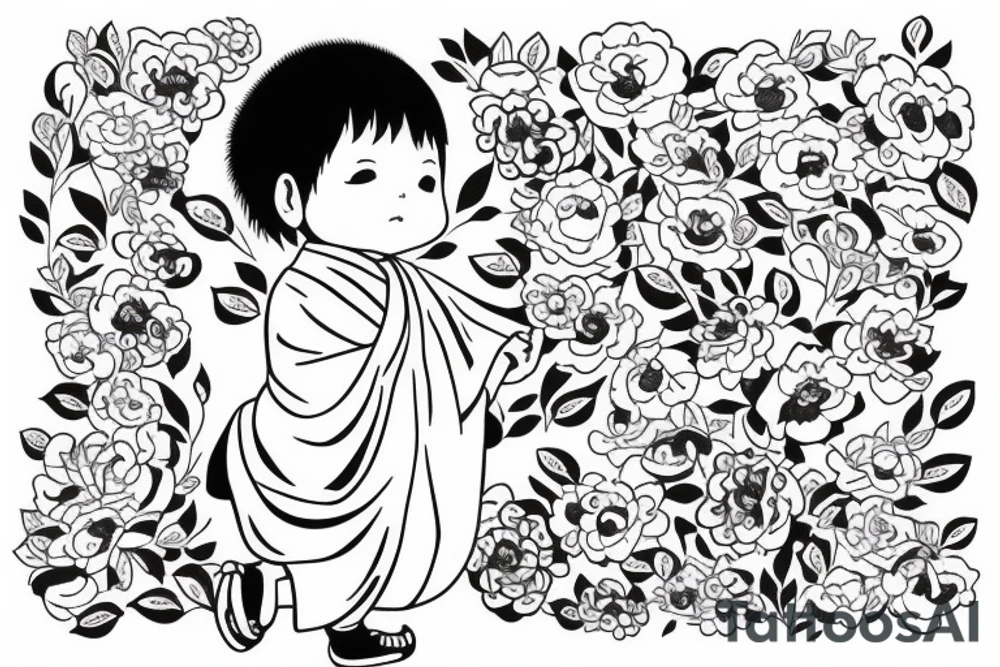Baby Buddhist monk surrounded by flowers wrapped around forearm tattoo idea