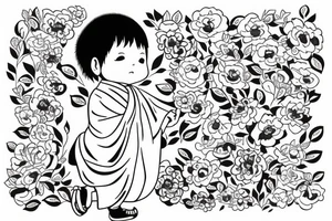 Baby Buddhist monk surrounded by flowers wrapped around forearm tattoo idea