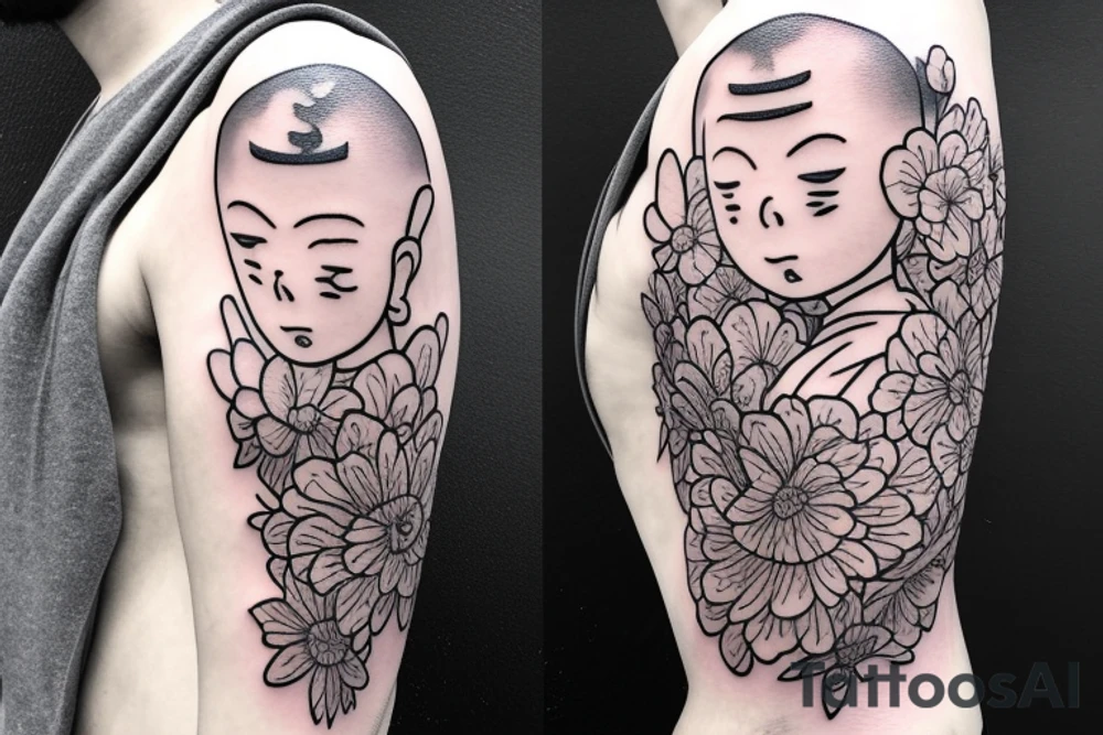 Baby Buddhist monk surrounded by flowers tattoo idea