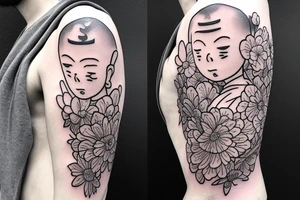 Baby Buddhist monk surrounded by flowers tattoo idea