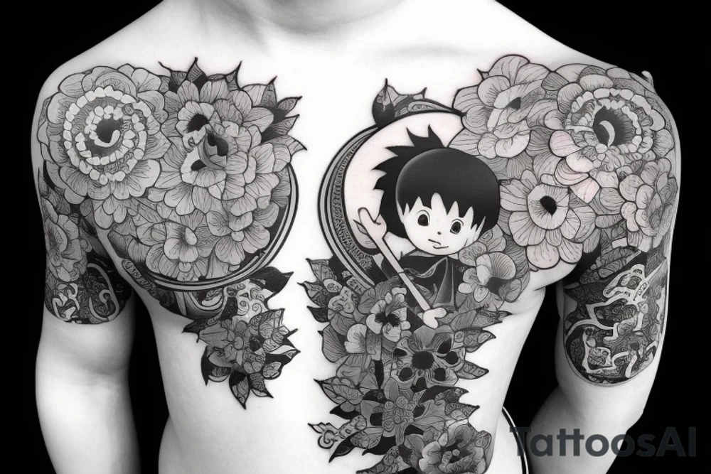 Baby Buddhist monk surrounded by flowers tattoo idea