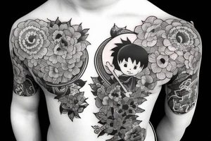 Baby Buddhist monk surrounded by flowers tattoo idea
