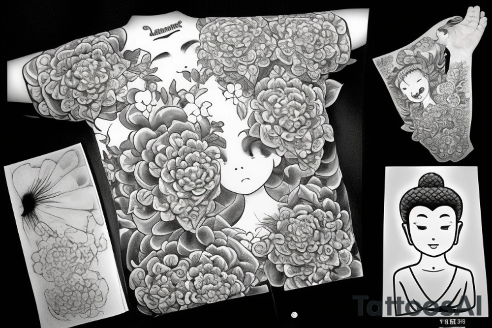 Baby Buddhist monk surrounded by flowers tattoo idea
