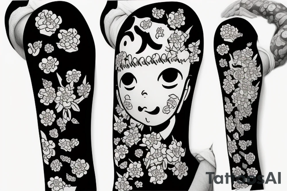 Baby Buddhist monk surrounded by flowers black band arm tattoo idea