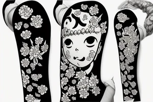 Baby Buddhist monk surrounded by flowers black band arm tattoo idea