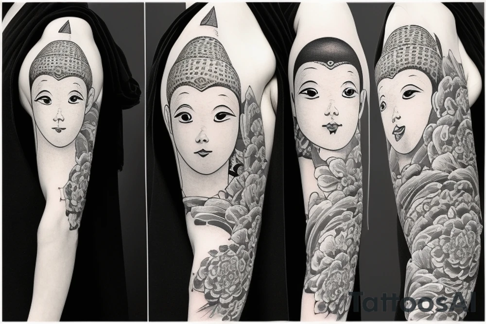 Baby Buddhist monk surrounded by flowers black band arm tattoo idea