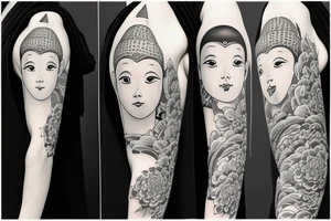 Baby Buddhist monk surrounded by flowers black band arm tattoo idea