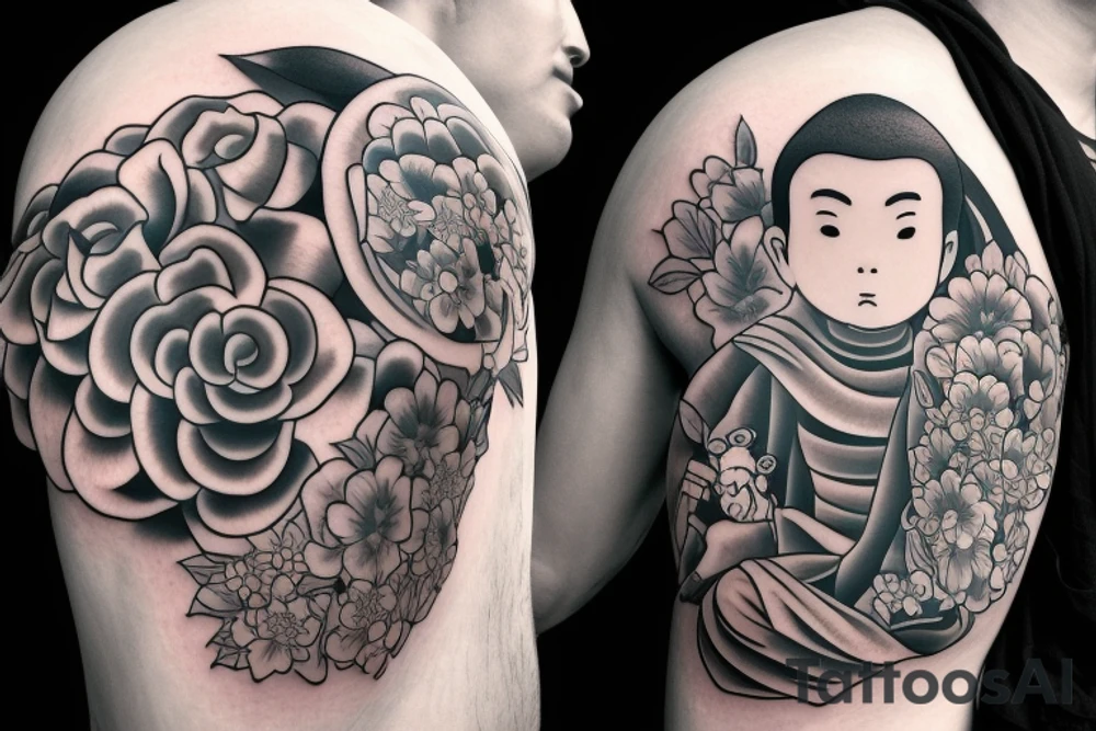 Baby Buddhist monk surrounded by flowers black band tattoo idea