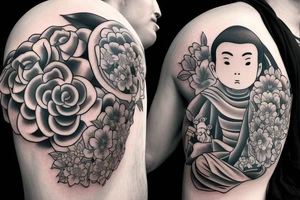 Baby Buddhist monk surrounded by flowers black band tattoo idea