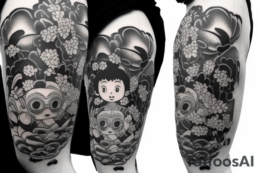 Baby Buddhist monk surrounded by flowers black band tattoo idea