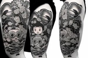 Baby Buddhist monk surrounded by flowers black band tattoo idea