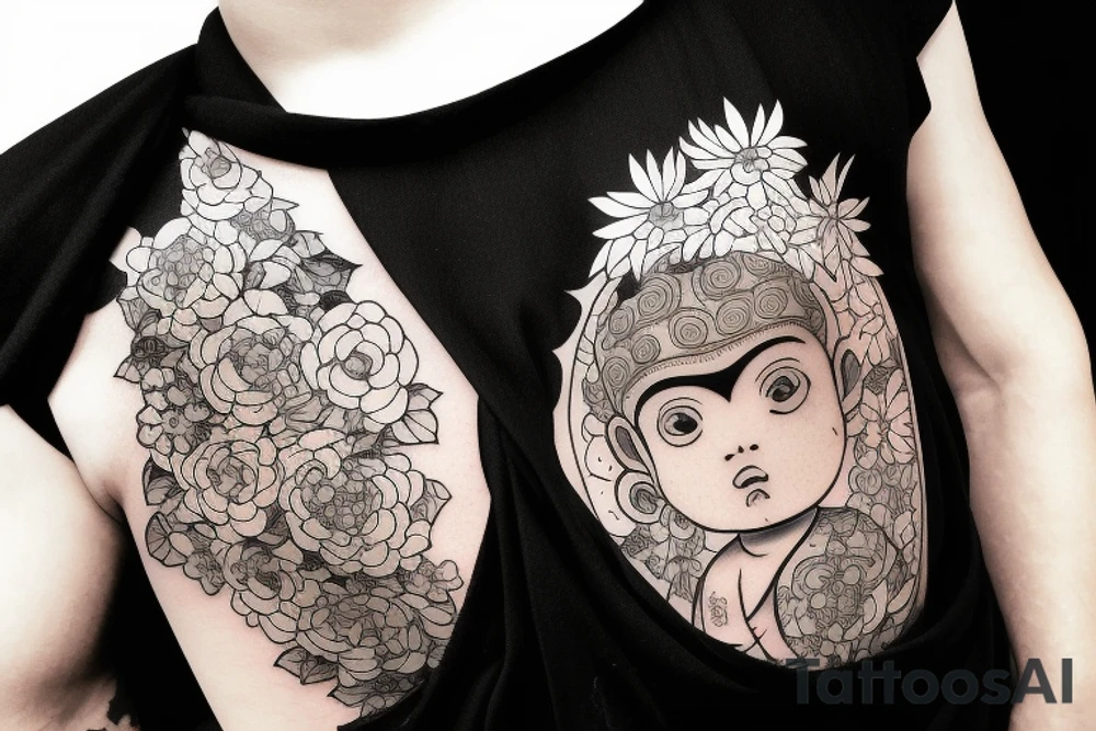 Baby Buddhist monk surrounded by flowers with a black band through the middle tattoo idea
