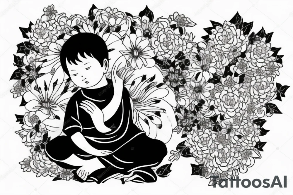 Baby Buddhist monk surrounded by flowers with a black band through the middle tattoo idea