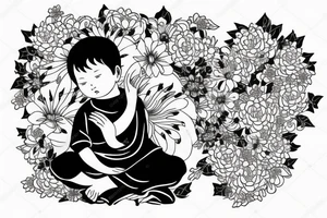 Baby Buddhist monk surrounded by flowers with a black band through the middle tattoo idea