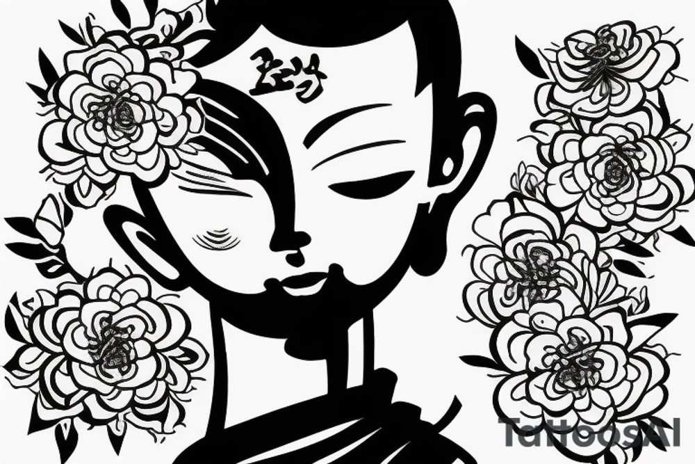 Baby Buddhist monk surrounded by flowers with a black band through the middle tattoo idea