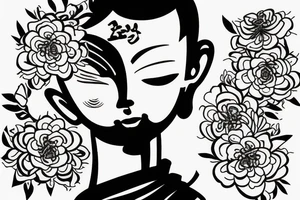 Baby Buddhist monk surrounded by flowers with a black band through the middle tattoo idea