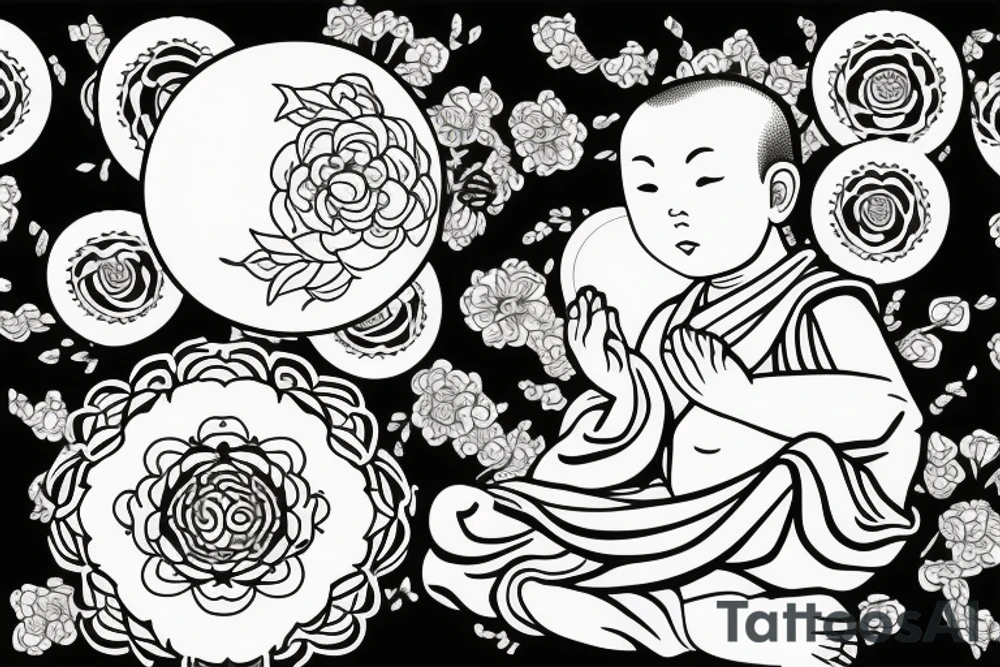 Baby Buddhist monk surrounded by flowers with a black band through the middle tattoo idea