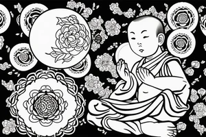 Baby Buddhist monk surrounded by flowers with a black band through the middle tattoo idea