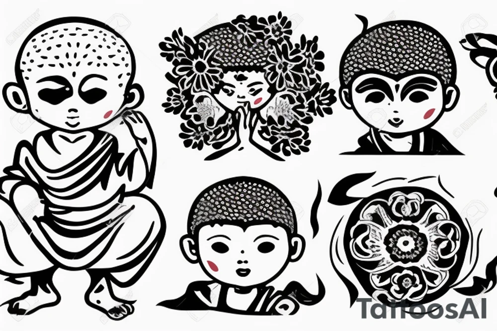 Baby Buddhist monk surrounded by flowers with a black band through the middle tattoo idea