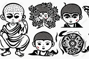 Baby Buddhist monk surrounded by flowers with a black band through the middle tattoo idea