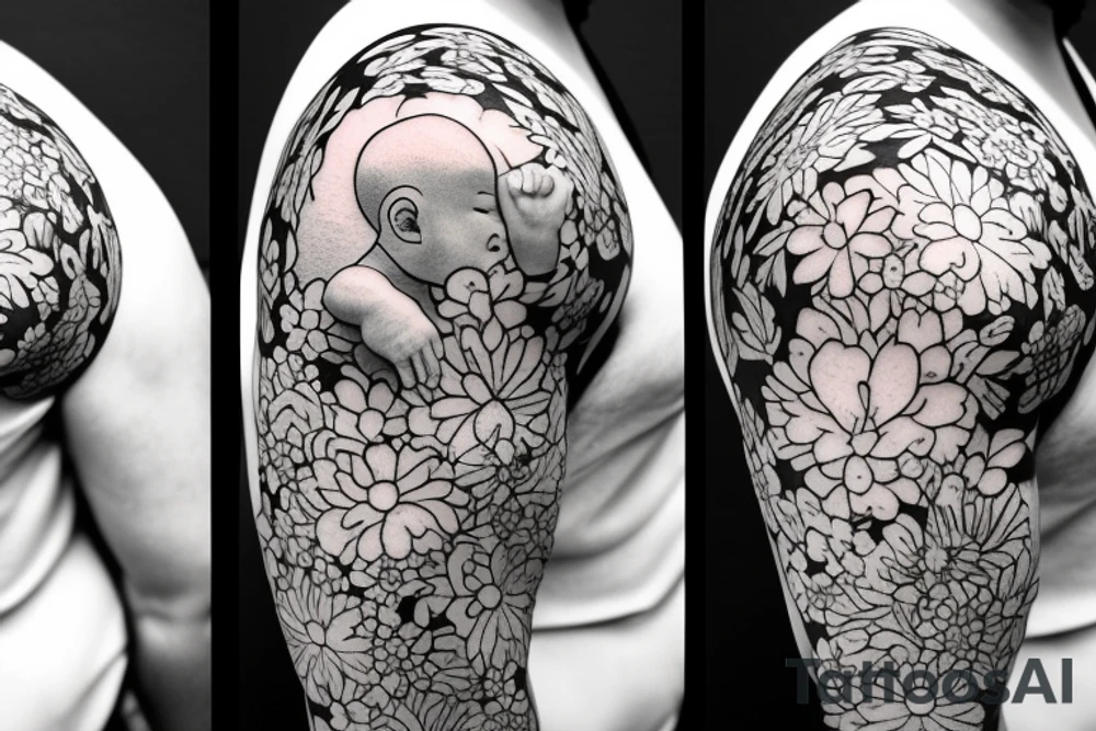 Baby Buddhist monk surrounded by flowers with a black band through the middle tattoo idea