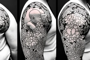 Baby Buddhist monk surrounded by flowers with a black band through the middle tattoo idea